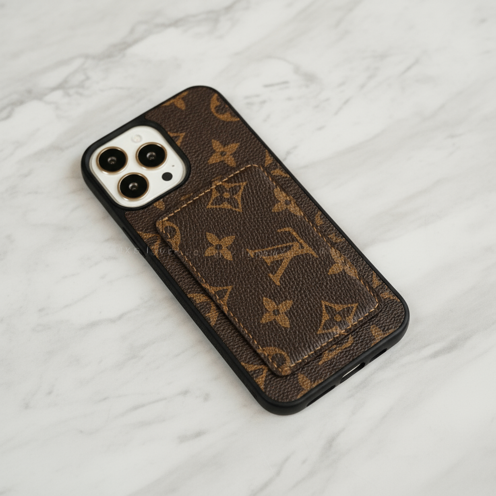 Phone case with a monogram pattern on a marble surface