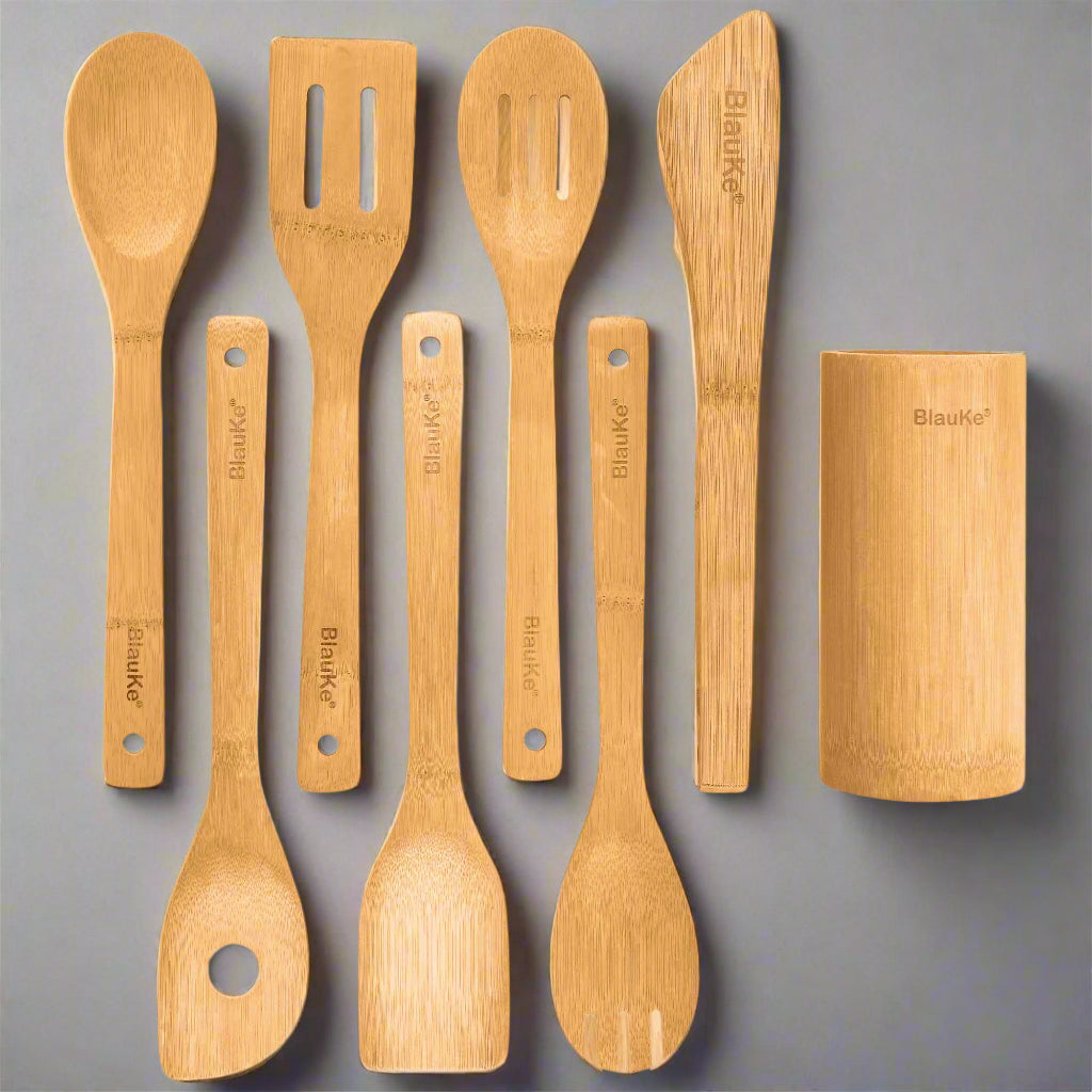 Bamboo Kitchen Utensils Set 8-Pack - Wooden Cooking Utensils for Nonstick Cookware - Wooden Cooking Spoons, Spatulas, Turner, Tongs, Utensil Holder-0
