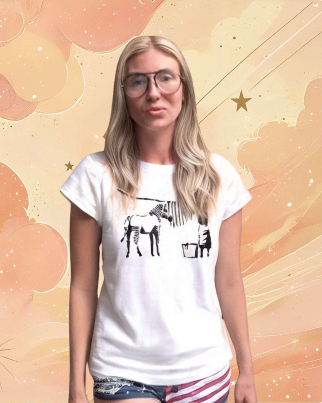 Person wearing a white t-shirt with a graphic design on a decorative background