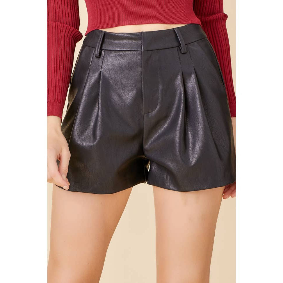 Poppy Women's Real Leather Handmade Pleated Detail Shorts – Black