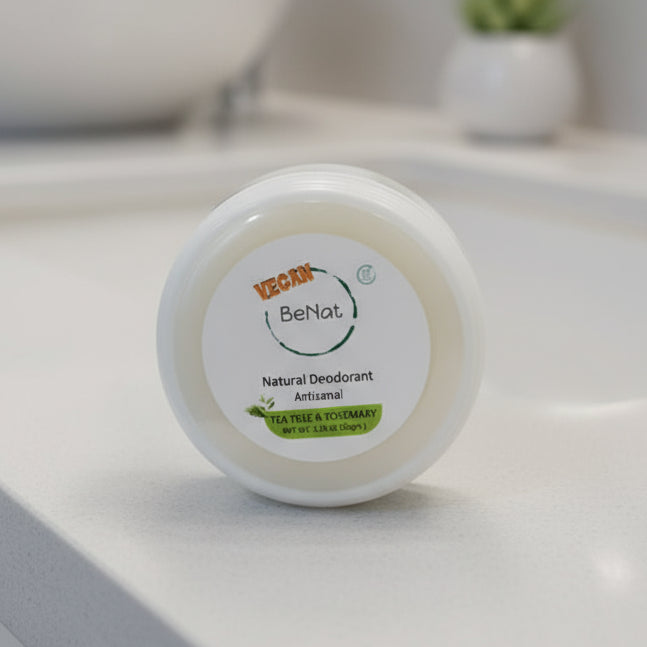Jar of natural deodorant with a visible brand label on a textured surface.