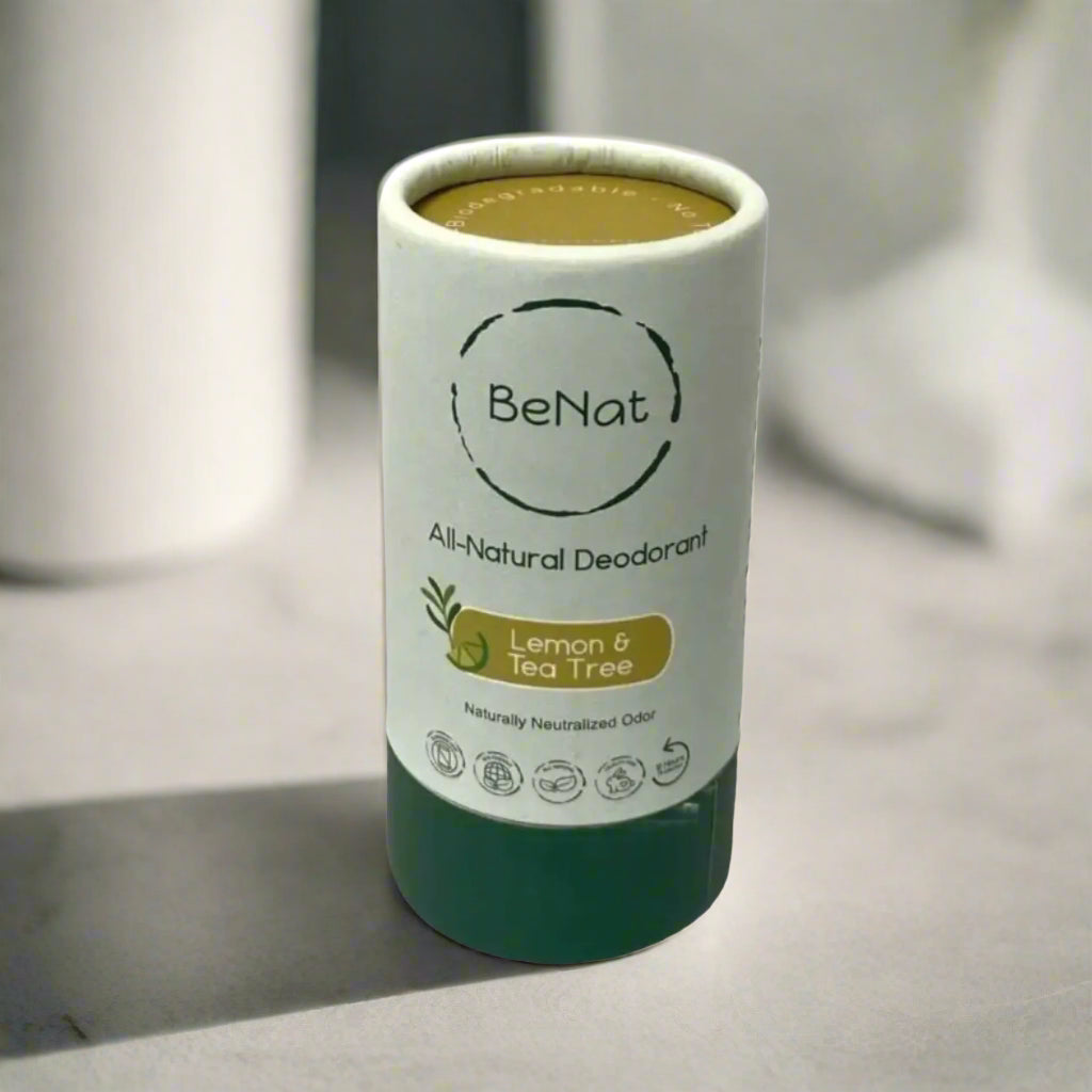 BeNat all-natural deodorant container with green accents on a white background