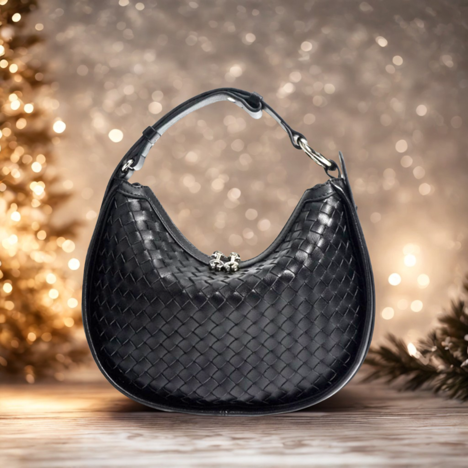 WO|MN Amara Woven Genuine Leather Half Moon Handbag