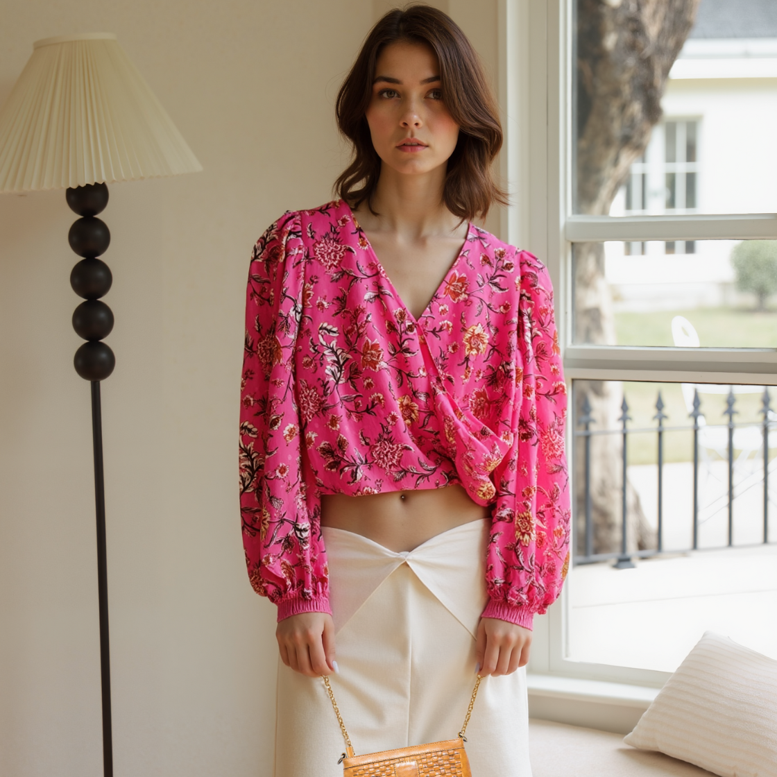 Joie Surplice Front Balloon Sleeve Blouse Top - Pink Floral