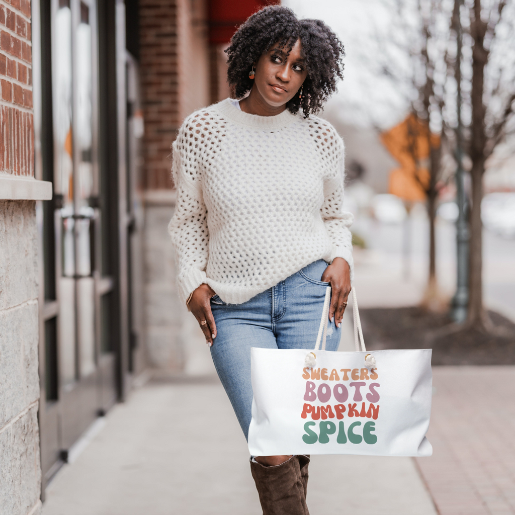 FREE with $150+ Purchase – Sweaters Boots Pumpkin Spice Fall Tote Bag with Wearing Conscious Logo