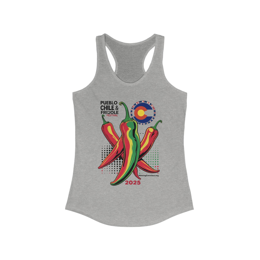 Gray tank top with chili pepper design and 'Pueblo Chile Frijole' text on a white background