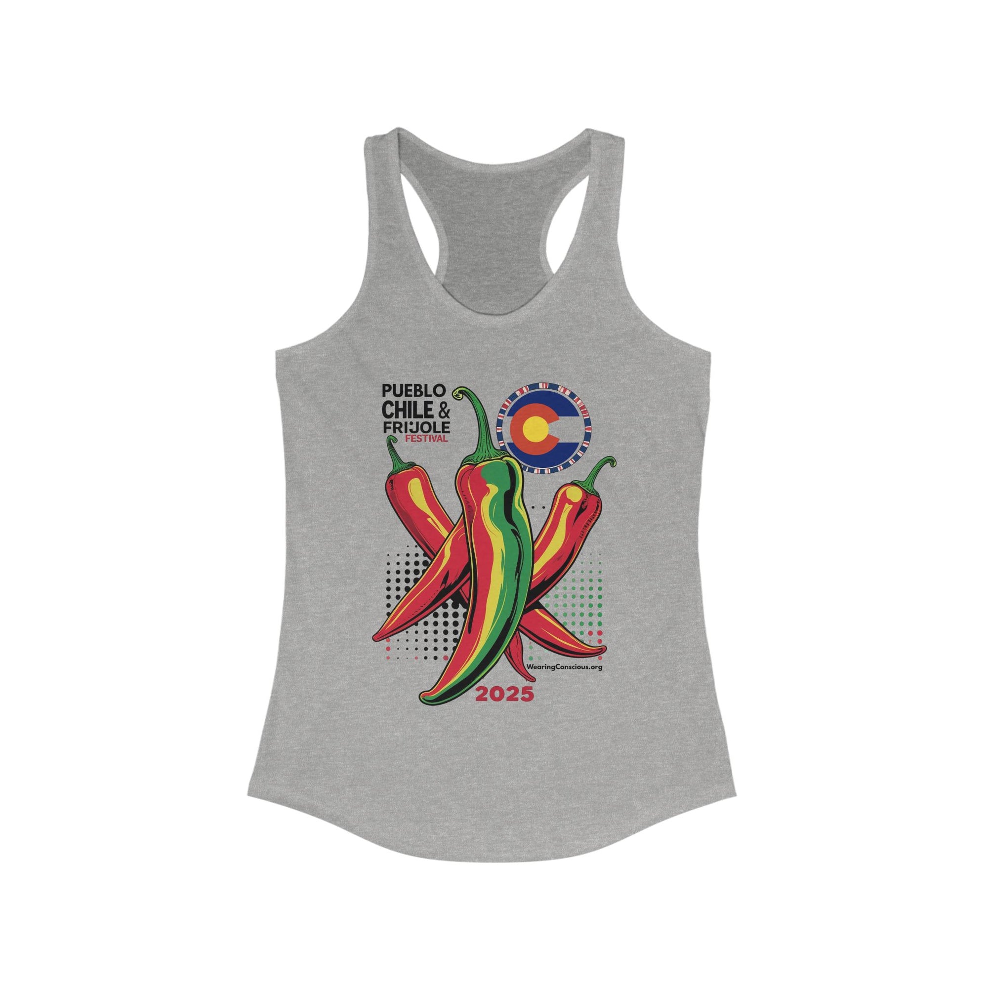 Gray tank top with chili pepper design and 'Pueblo Chile Frijole' text on a white background