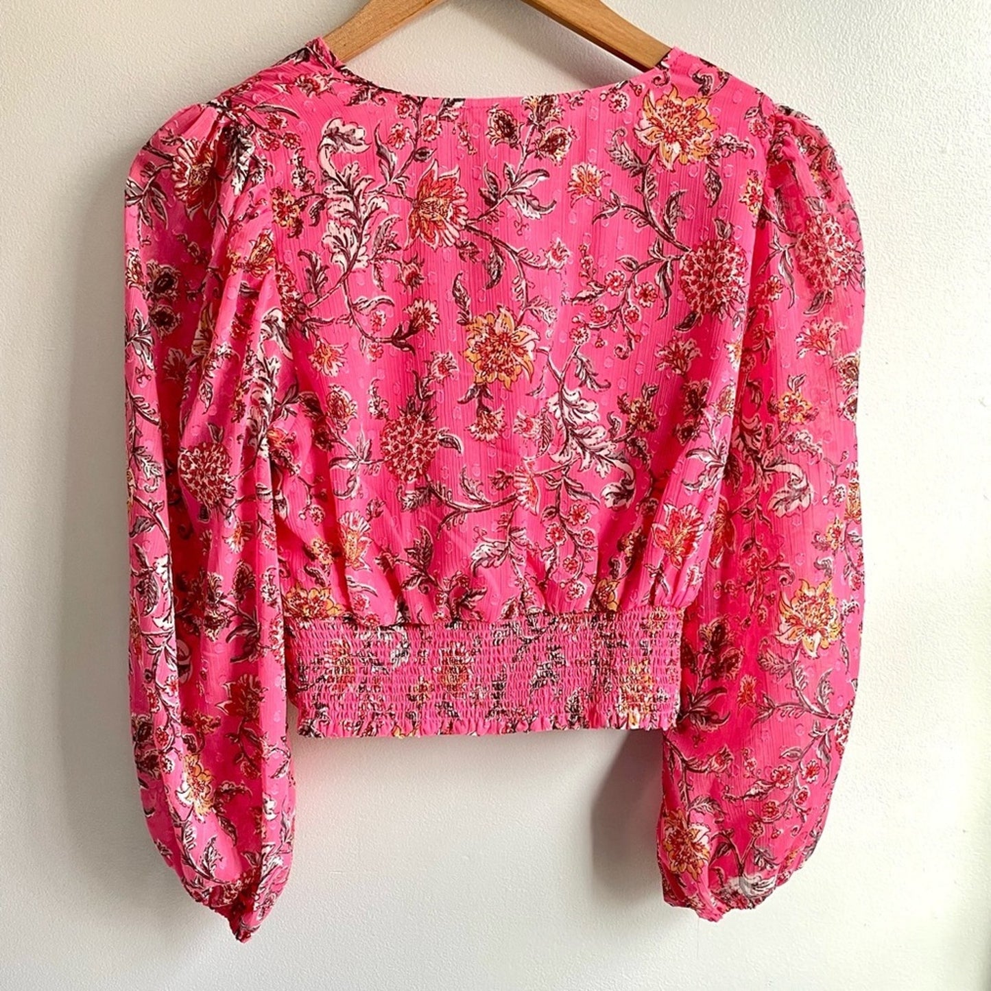 Joie Surplice Front Balloon Sleeve Blouse Top - Pink Floral