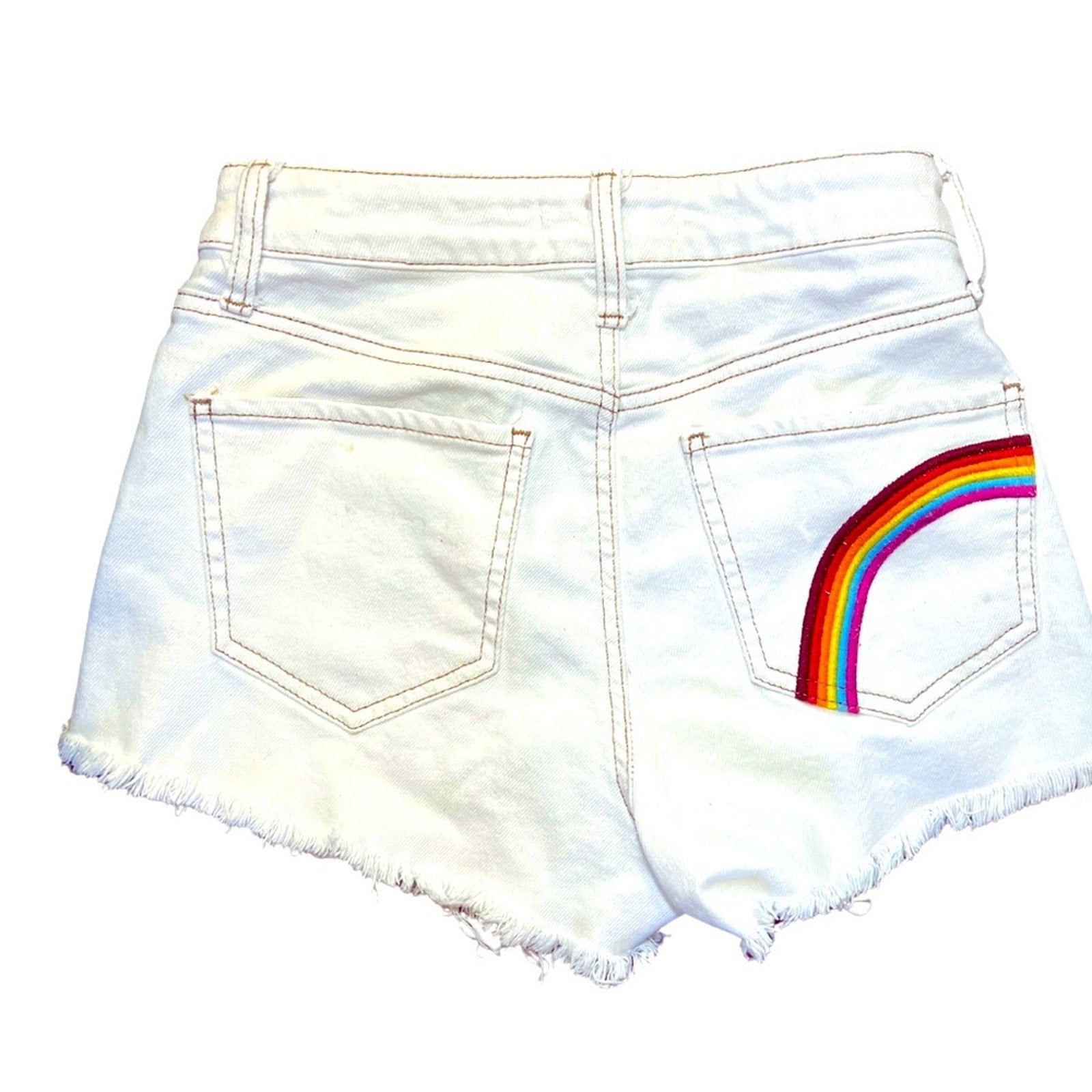 Destroyed Hem Short Shorts with Embroidered Rainbow