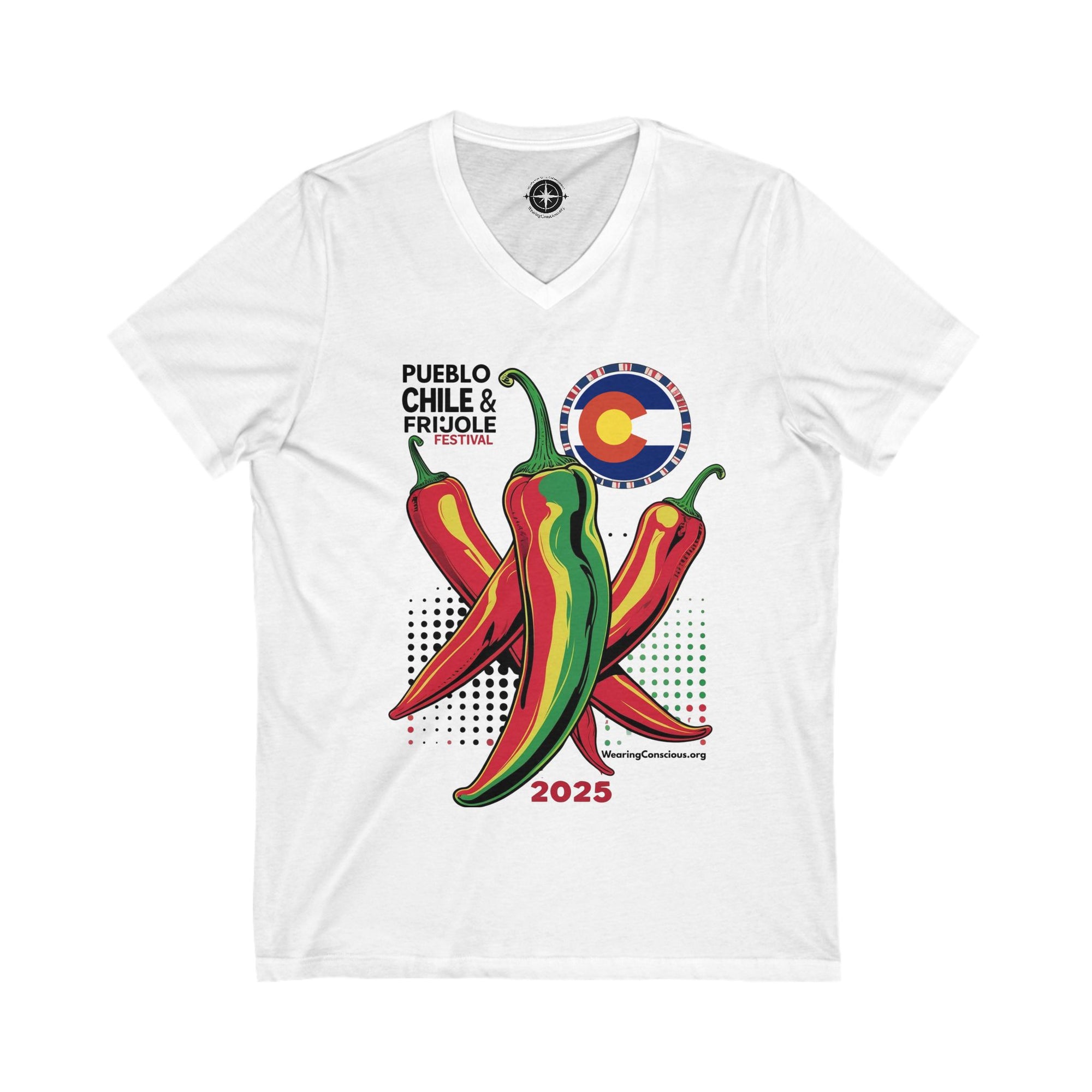 White t-shirt with chili pepper design and Pueblo Chili & Frijole Festival text on a white background