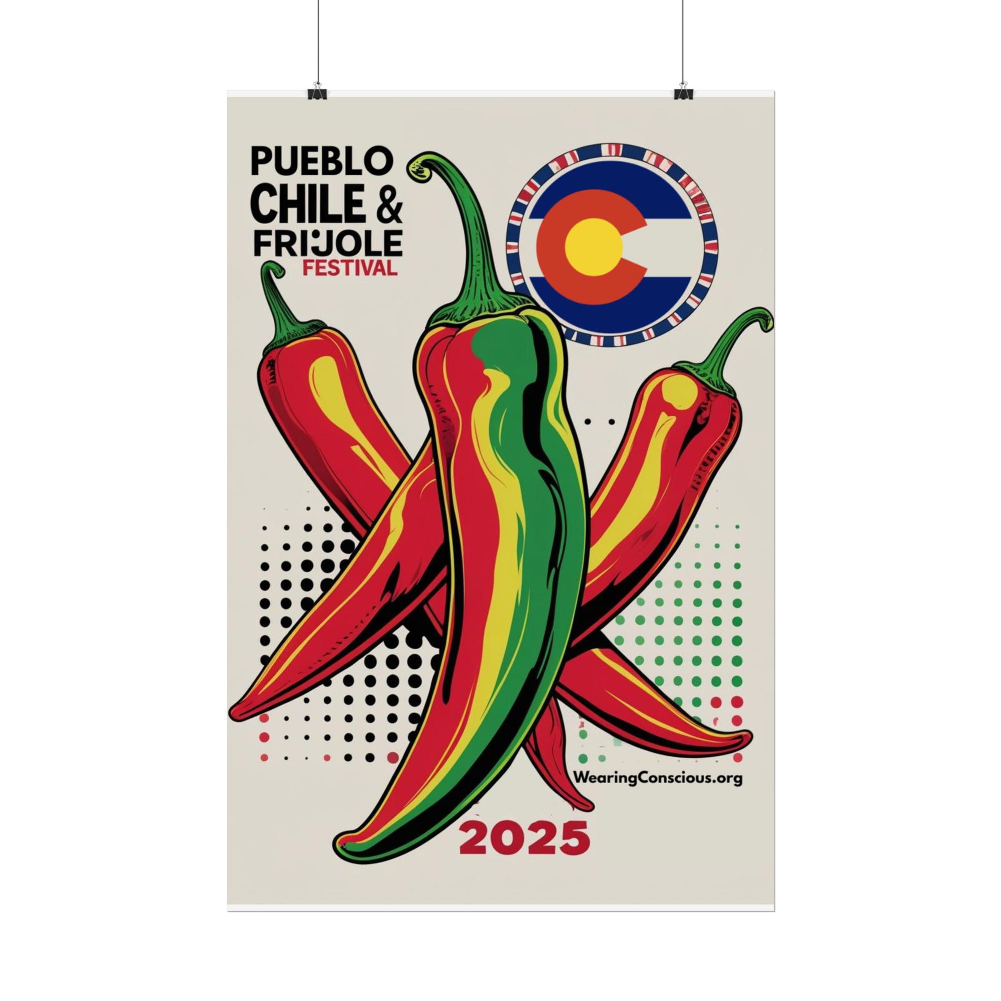 Poster for Pueblo Chile & Frijole Festival 2025 with colorful chili peppers and Colorado flag.