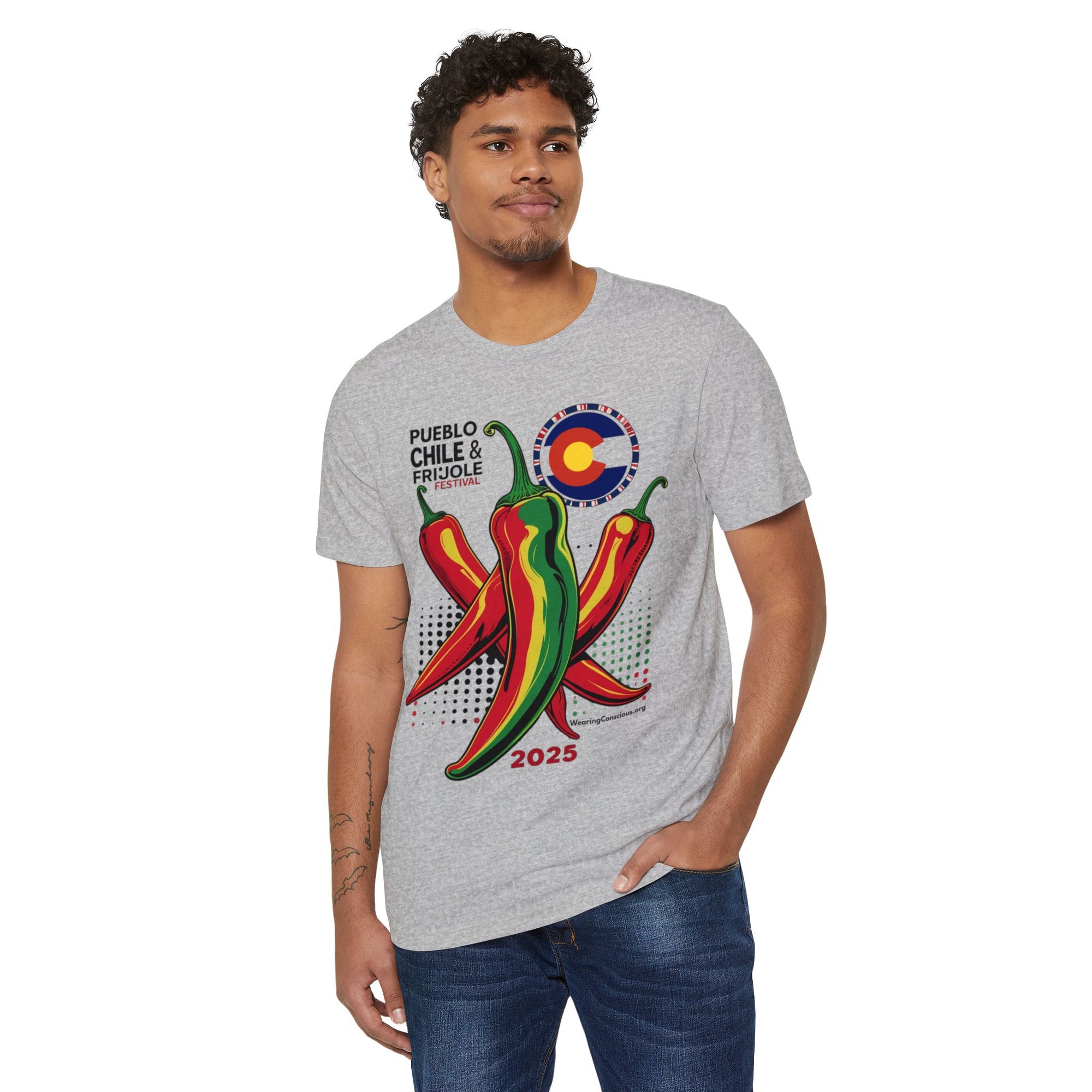 Man wearing a gray t-shirt with chili pepper design and Colorado flag on a white background