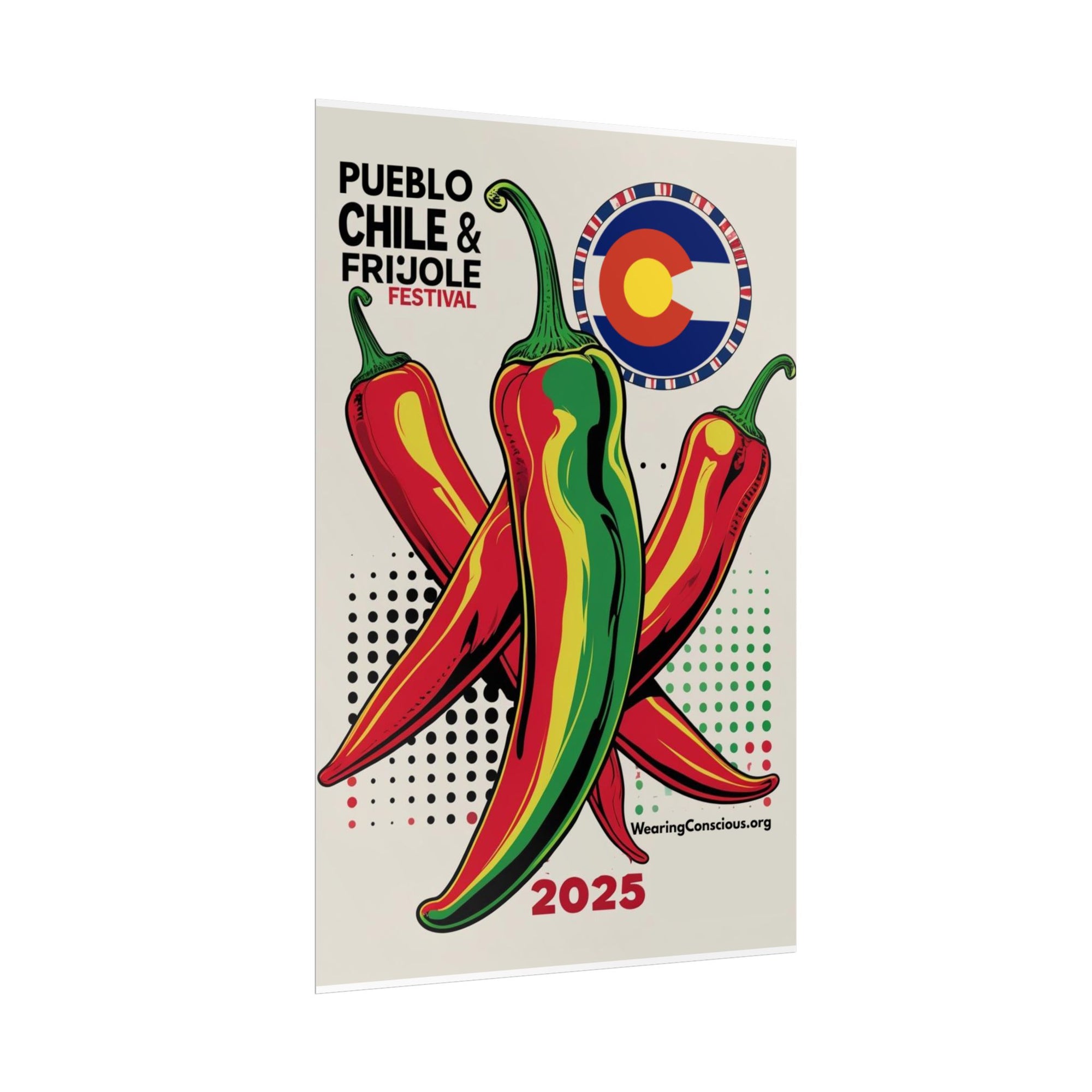 Promotional poster for the Pueblo Chile & Frijole Festival featuring colorful chili peppers and a Colorado flag.