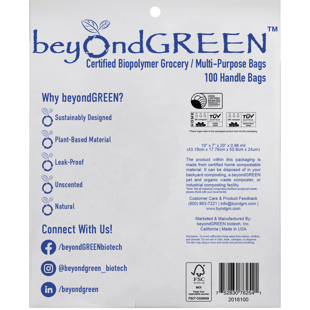 Plant-Based Large Food Safe Multi-Purpose Bags with Handles – 100 Bags