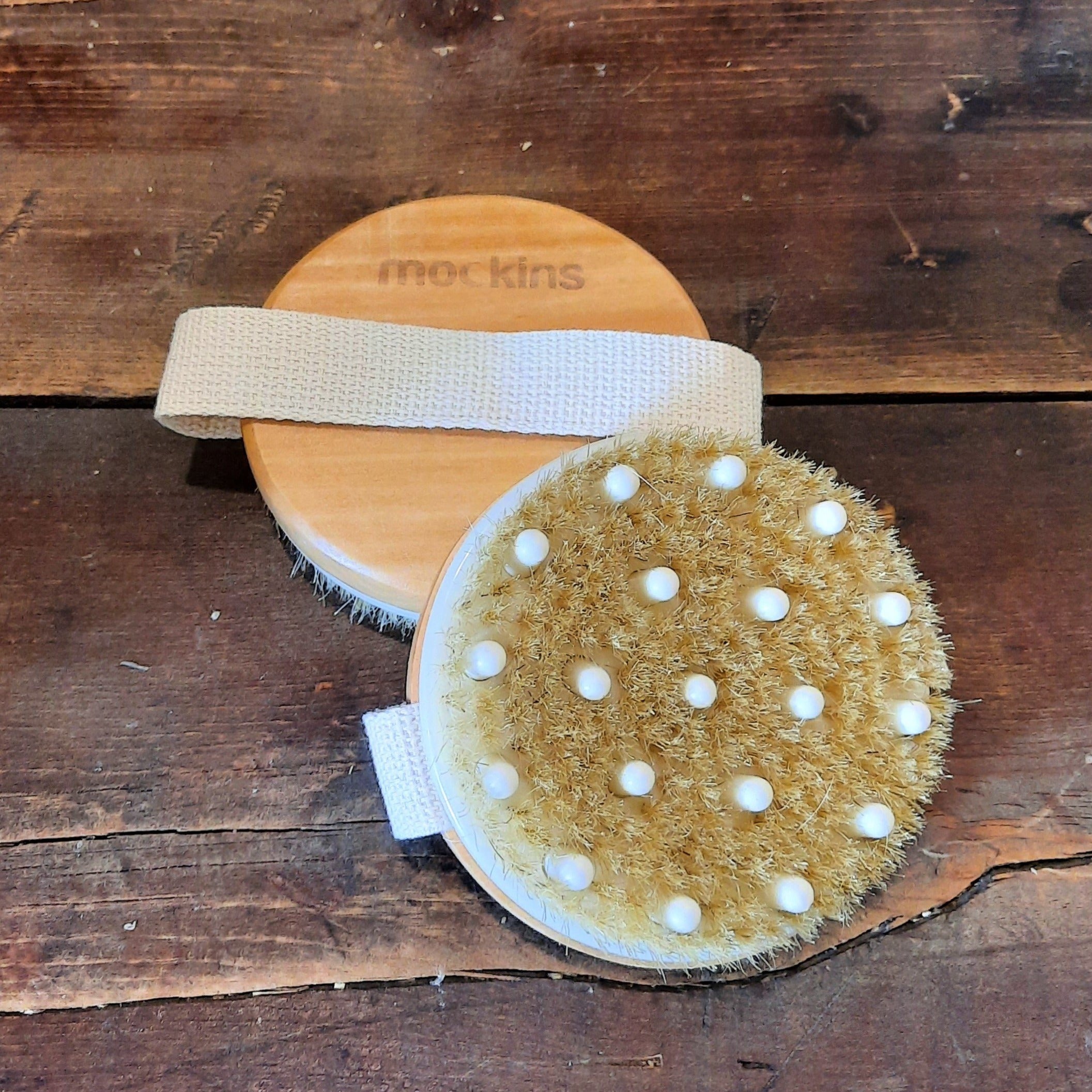 Beechwood Round Palm Body Brush w/ Natural Bristles & Massage Nodules