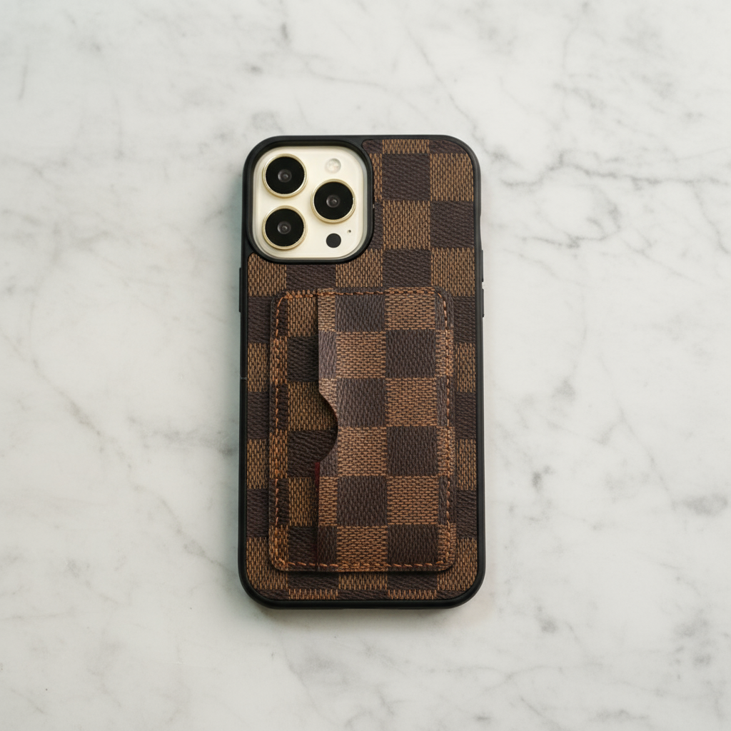 Phone case with checkered pattern on a marble background