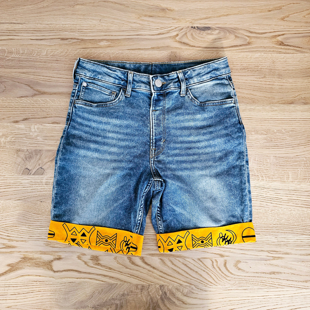 Unisex Denim Shorts with African Print Detail-1