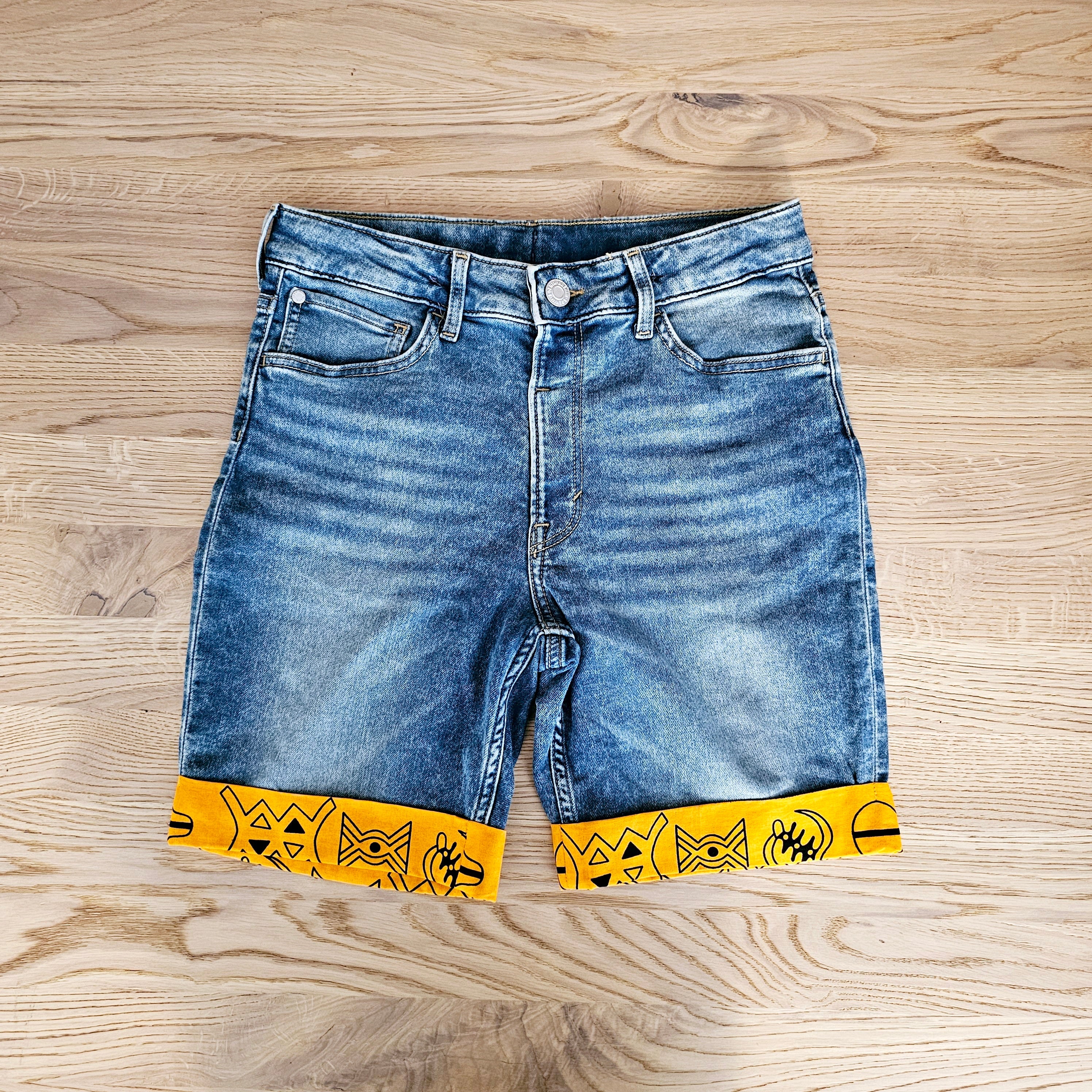 Unisex Denim Shorts with African Print Detail-1