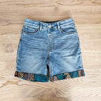 Unisex Denim Shorts with African Print Detail.-1