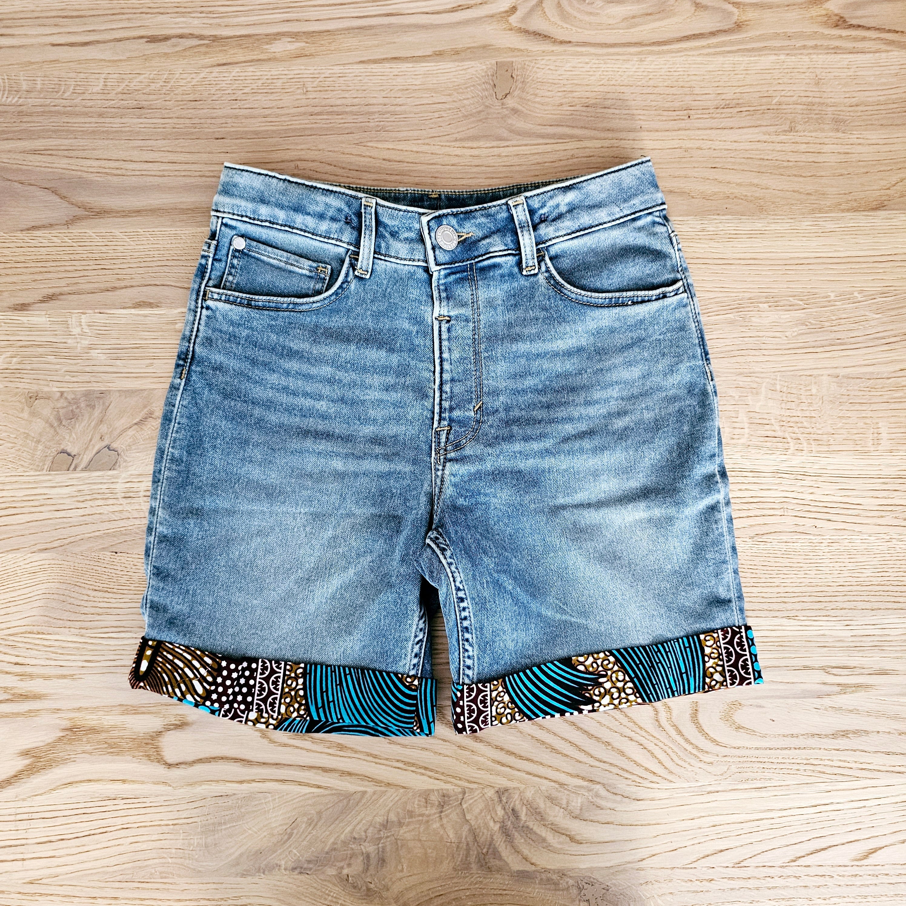 Unisex Denim Shorts with African Print Detail.-1