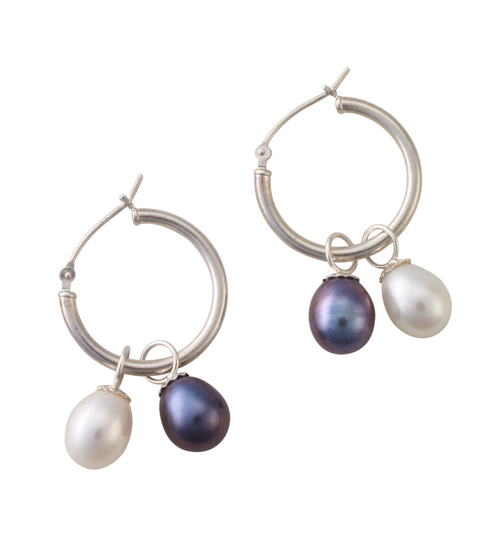 0.75" Double Pearl Hoop Earrings - Sterling Silver or 10K Gold