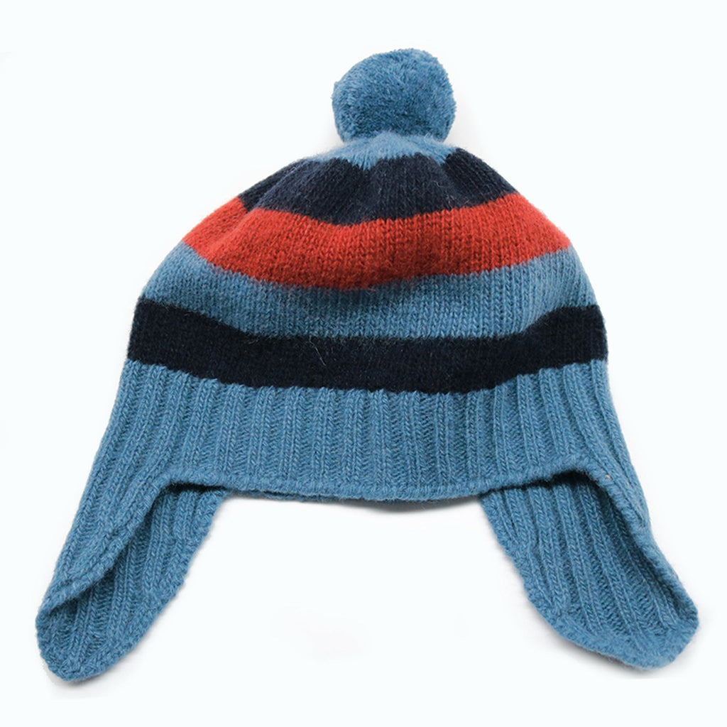 100% Cashmere Baby Striped Earflap Hat With Pom Pom