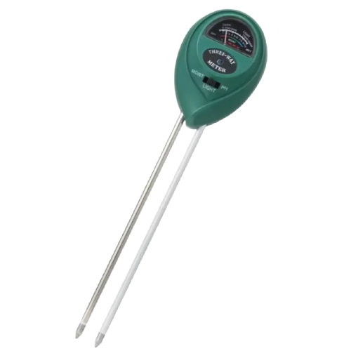 Green soil tester with two probes on a white background