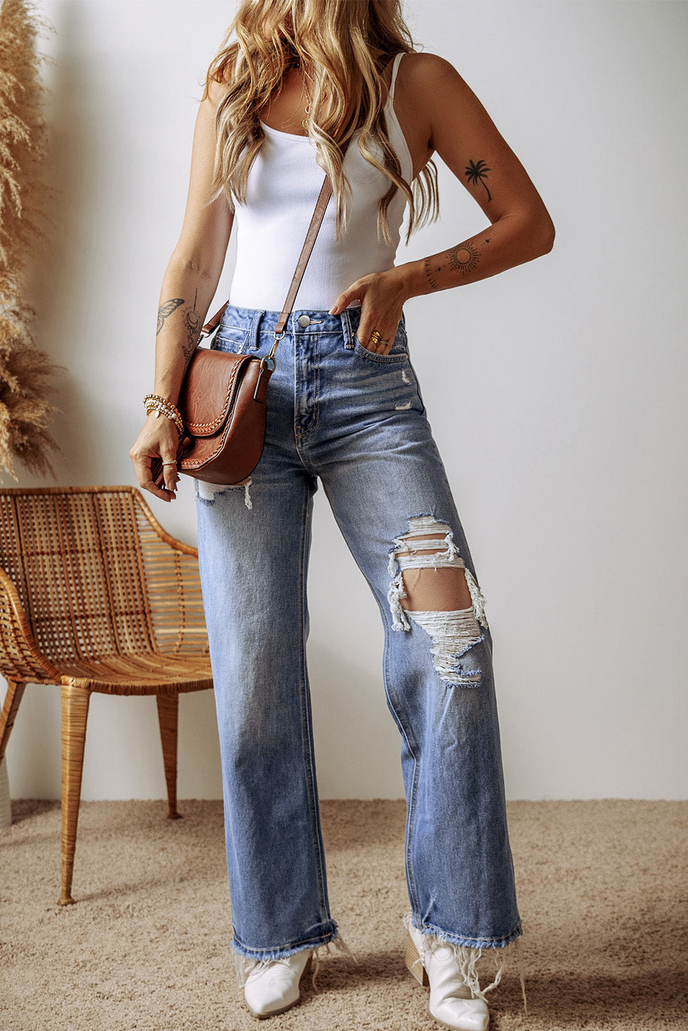 Madilyn Distressed Raw Hem Straight Leg High Waist Jeans-3