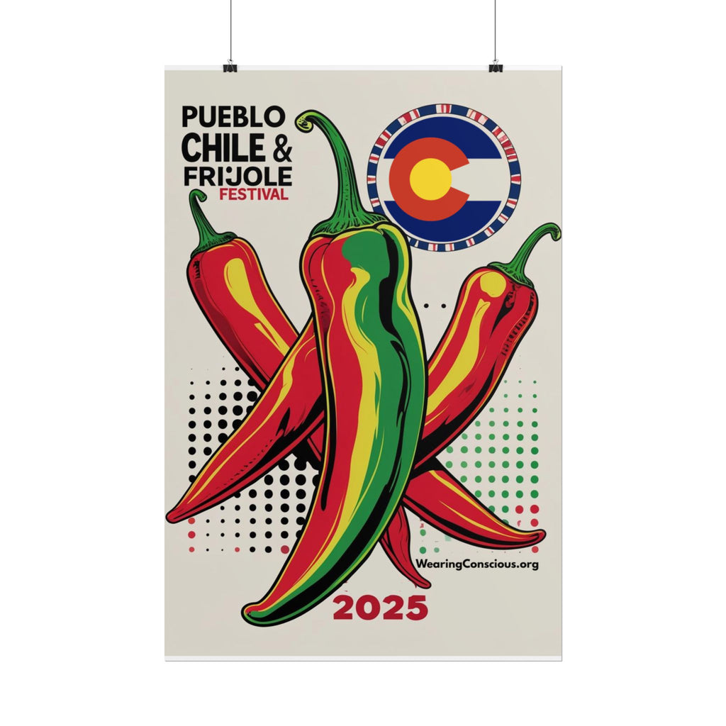 Poster for Pueblo Chile & Frijole Festival with colorful chili peppers and Colorado flag design.