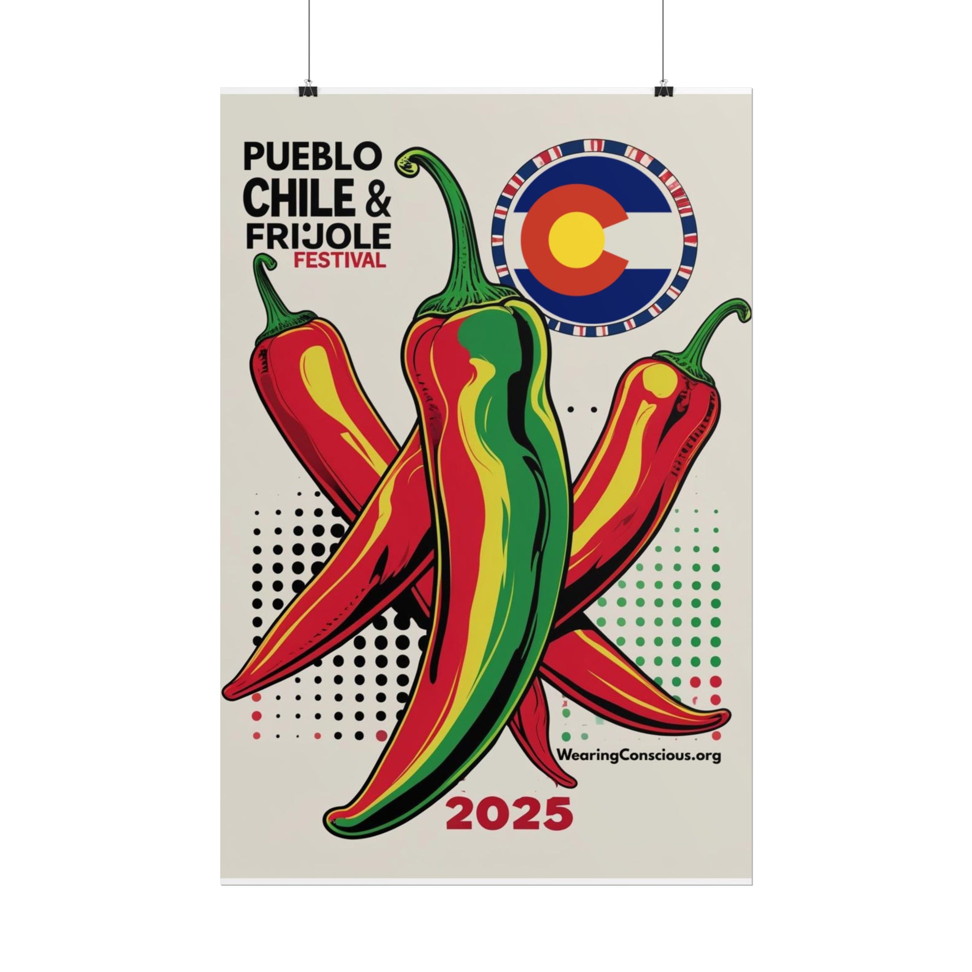 Poster for Pueblo Chile & Frijole Festival with colorful chili peppers and Colorado flag design.
