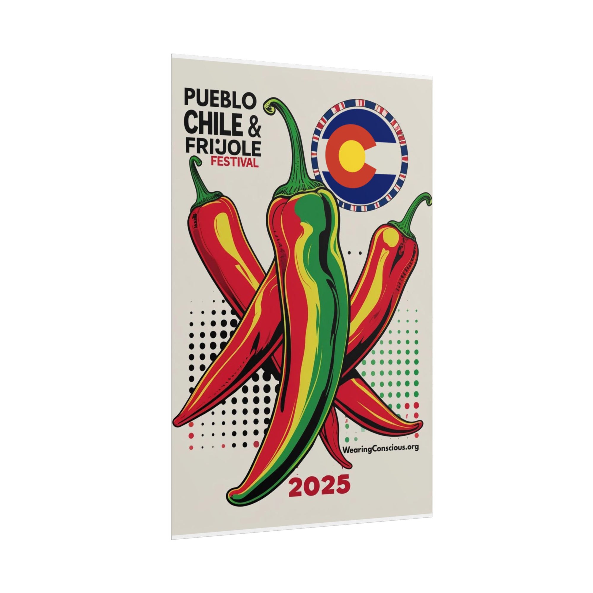 Promotional poster for the Pueblo Chile & Frijole Festival featuring colorful chili peppers and a Colorado flag.