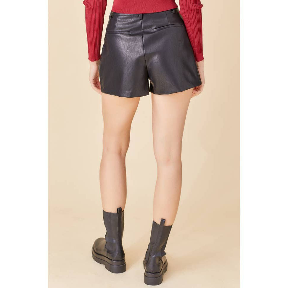 Poppy Women's Real Leather Pleated Detail Shorts Black-2