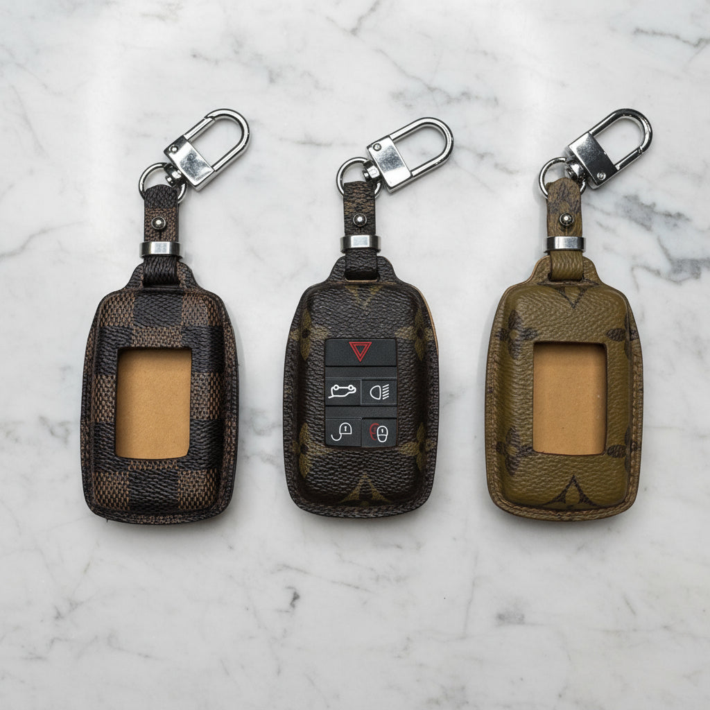 Three key fobs with different designs on a marble surface