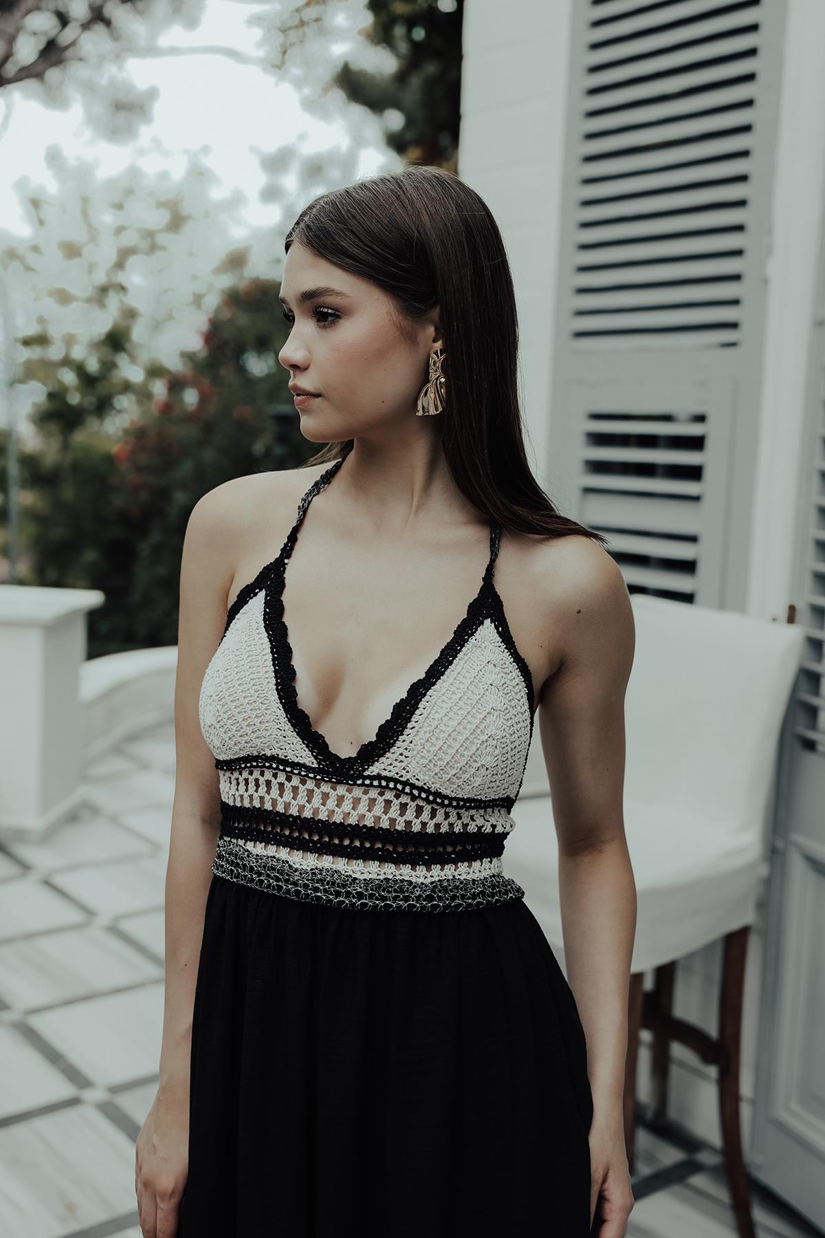 Rey Hand-Crocheted Backless Lace Maxi Dress — Black