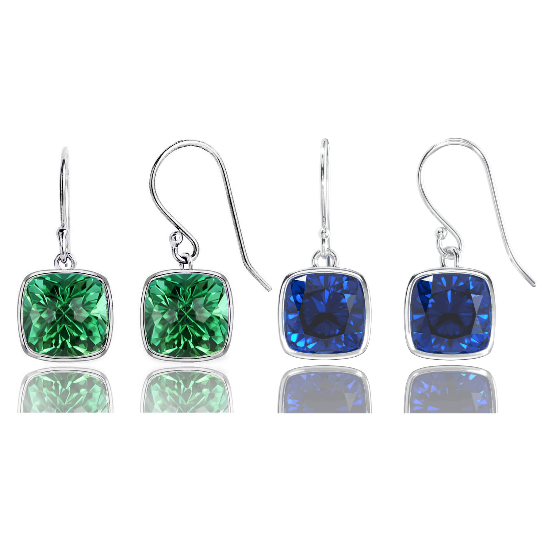 2 Pair Pack: 9.00 CTW Cushion Cut Blue Sapphire & Emerald Drop Earrings Set in .925 Sterling Silver – Lab Grown, 8mm Square Gems-0