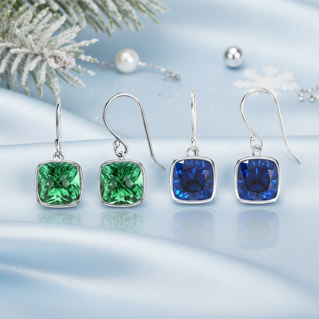 2 Pair Pack: 9.00 CTW Cushion Cut Blue Sapphire & Emerald Drop Earrings Set in .925 Sterling Silver or 14K Gold Overlay – Lab Grown, 8mm Square Gems