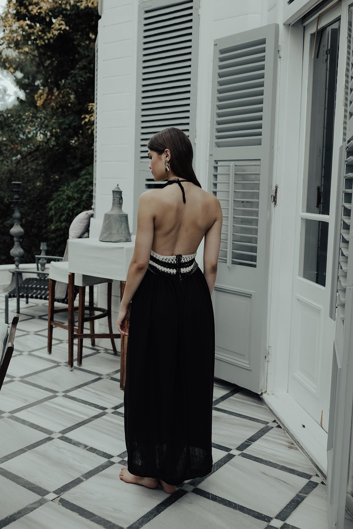 Rey Hand-Crocheted Backless Lace Maxi Dress — Black