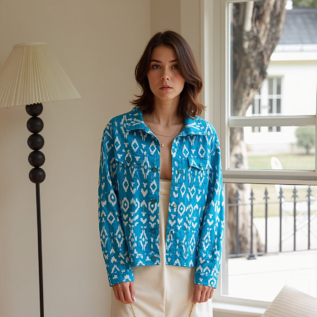 DG2 by Diane Gilman Patterned Denim Jacket – Turquoise/White – Size L