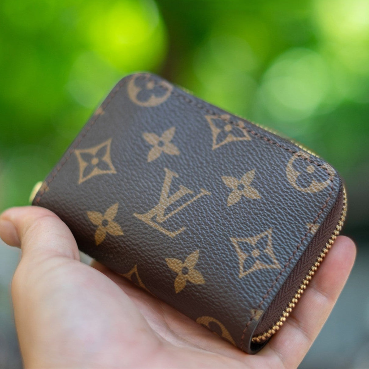 Louis Vuitton wallet held in a hand with a blurred green background