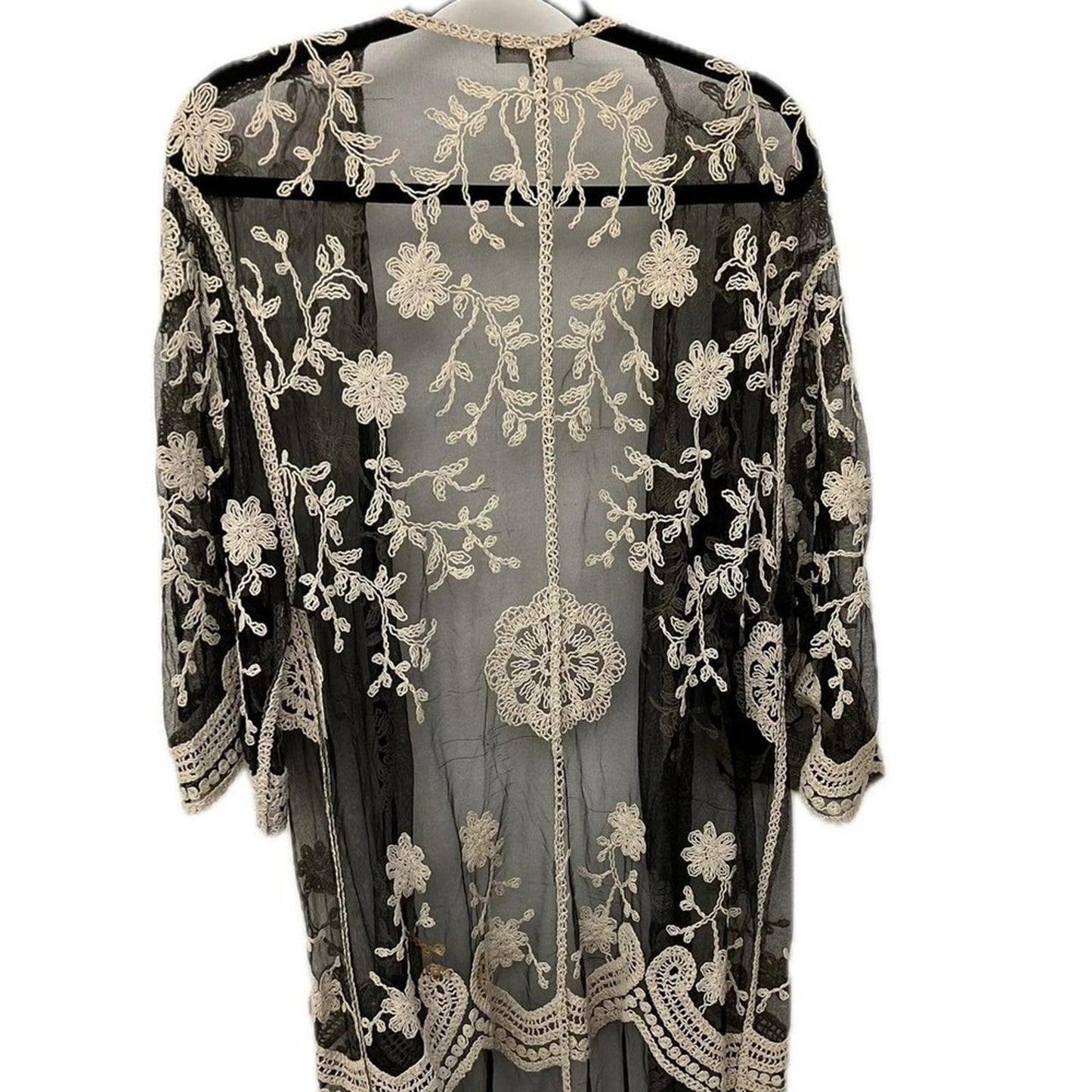 Sheer 3/4 Length Embroidered Lace Coverup Wrap - Black/White - OS