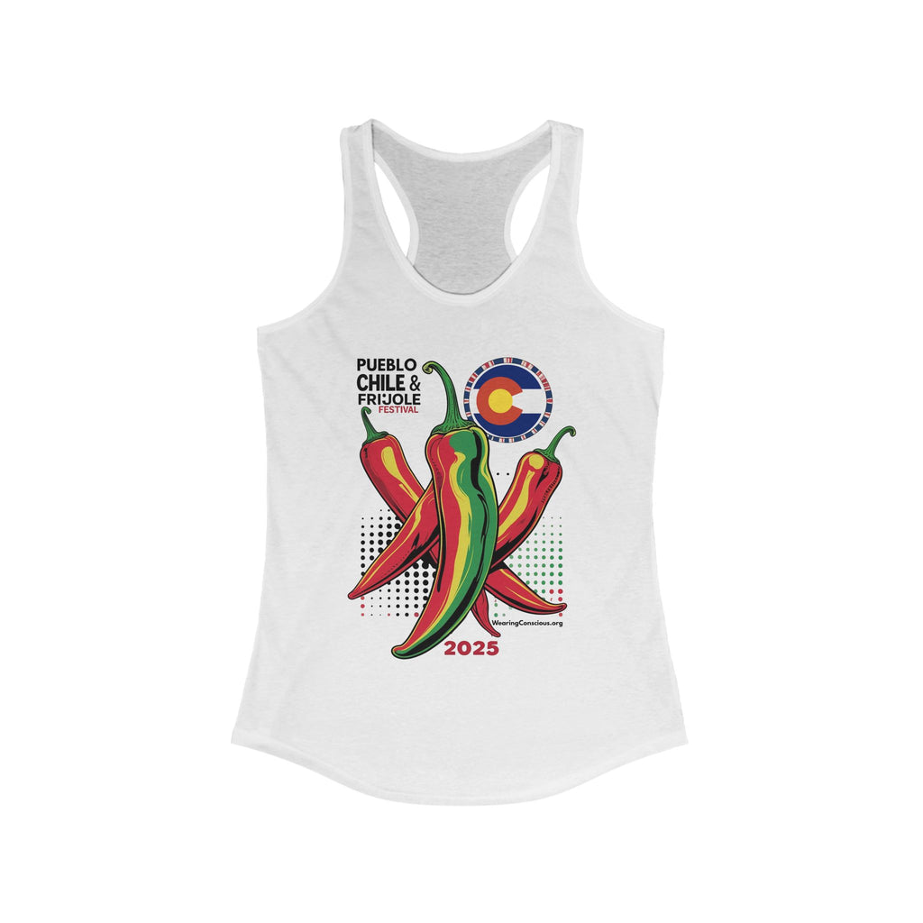 White tank top with chili pepper design and Colorado flag on a white background