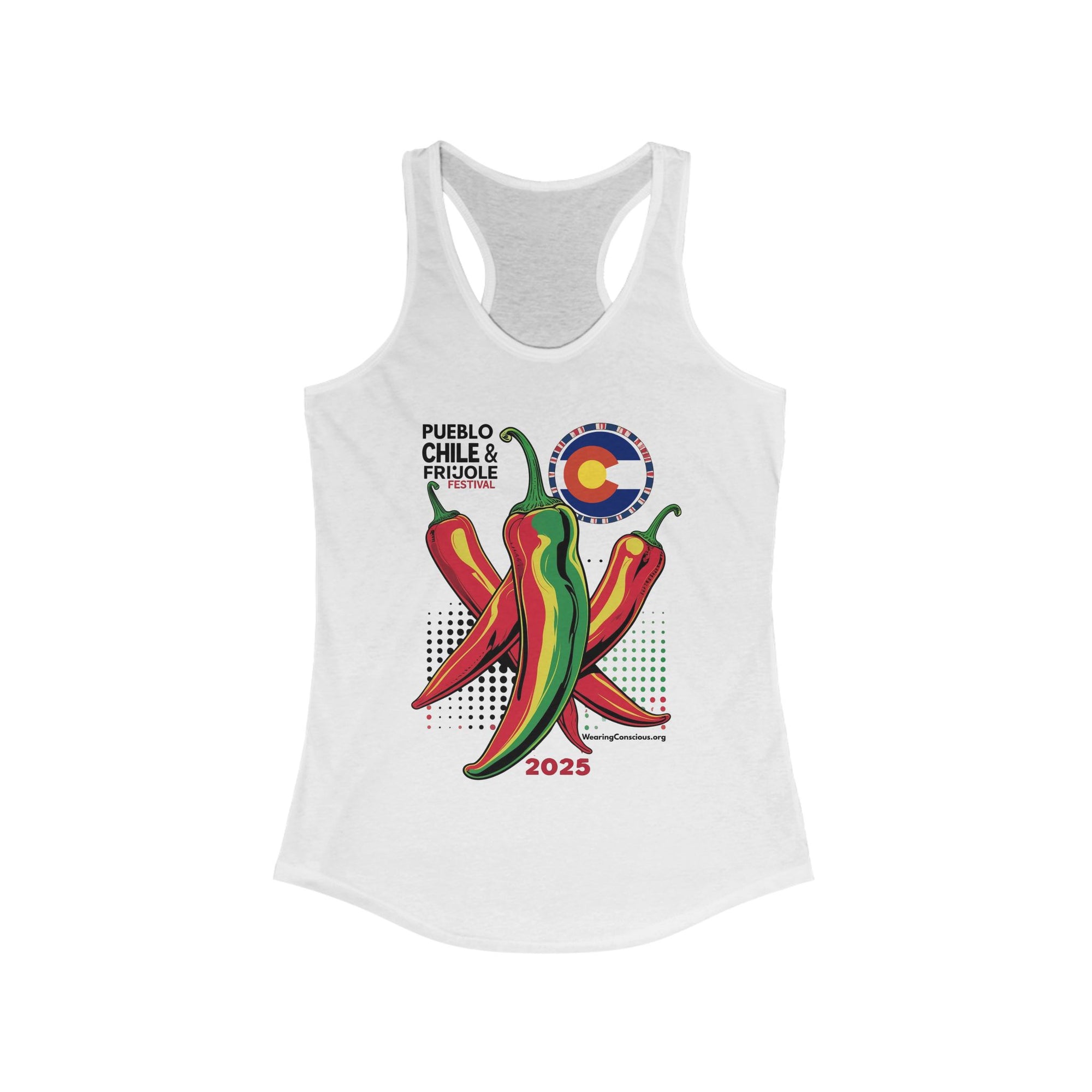White tank top with chili pepper design and Colorado flag on a white background