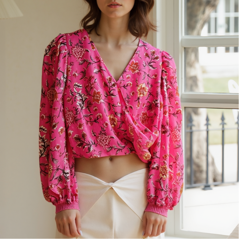 Joie Surplice Front Balloon Sleeve Blouse Top - Pink Floral