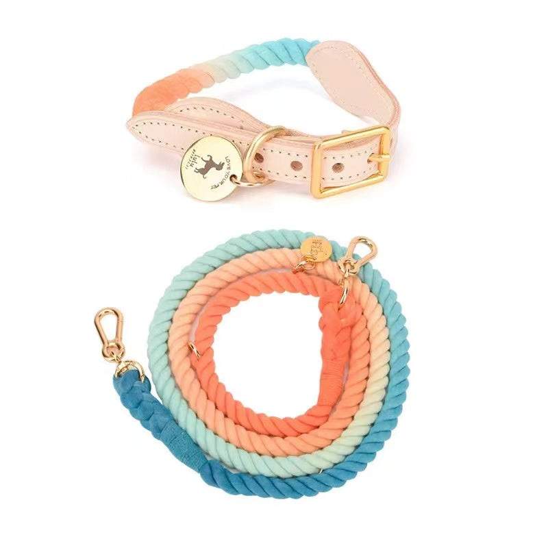 Hands Free Rope Leash and Luxe Royal Leather Collar Bundle - Sunset-0