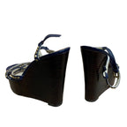 Michael Kors Size 8M Navy Blue Leather Gold Studs Strappy Wedge Heel Sandals