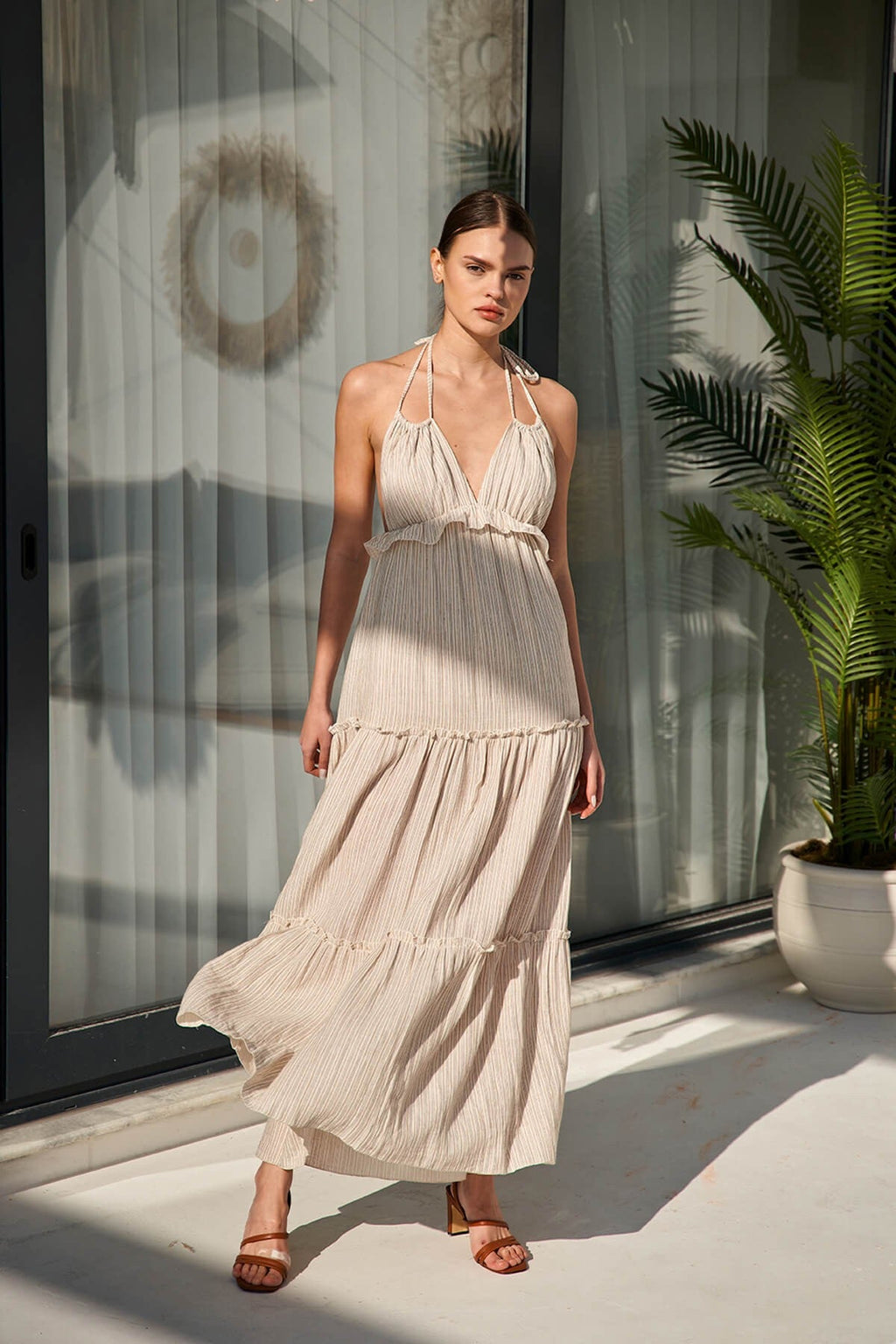 Astro Soléa Neck Tie Ruffle Dress — Sand Stripe