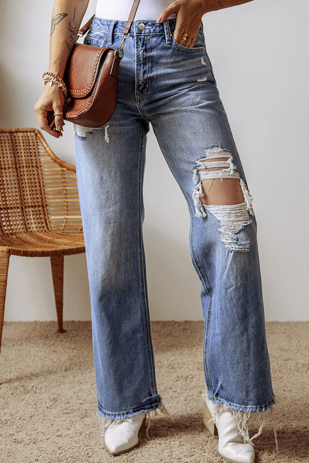 Madilyn Distressed Raw Hem Straight Leg High Waist Jeans-0