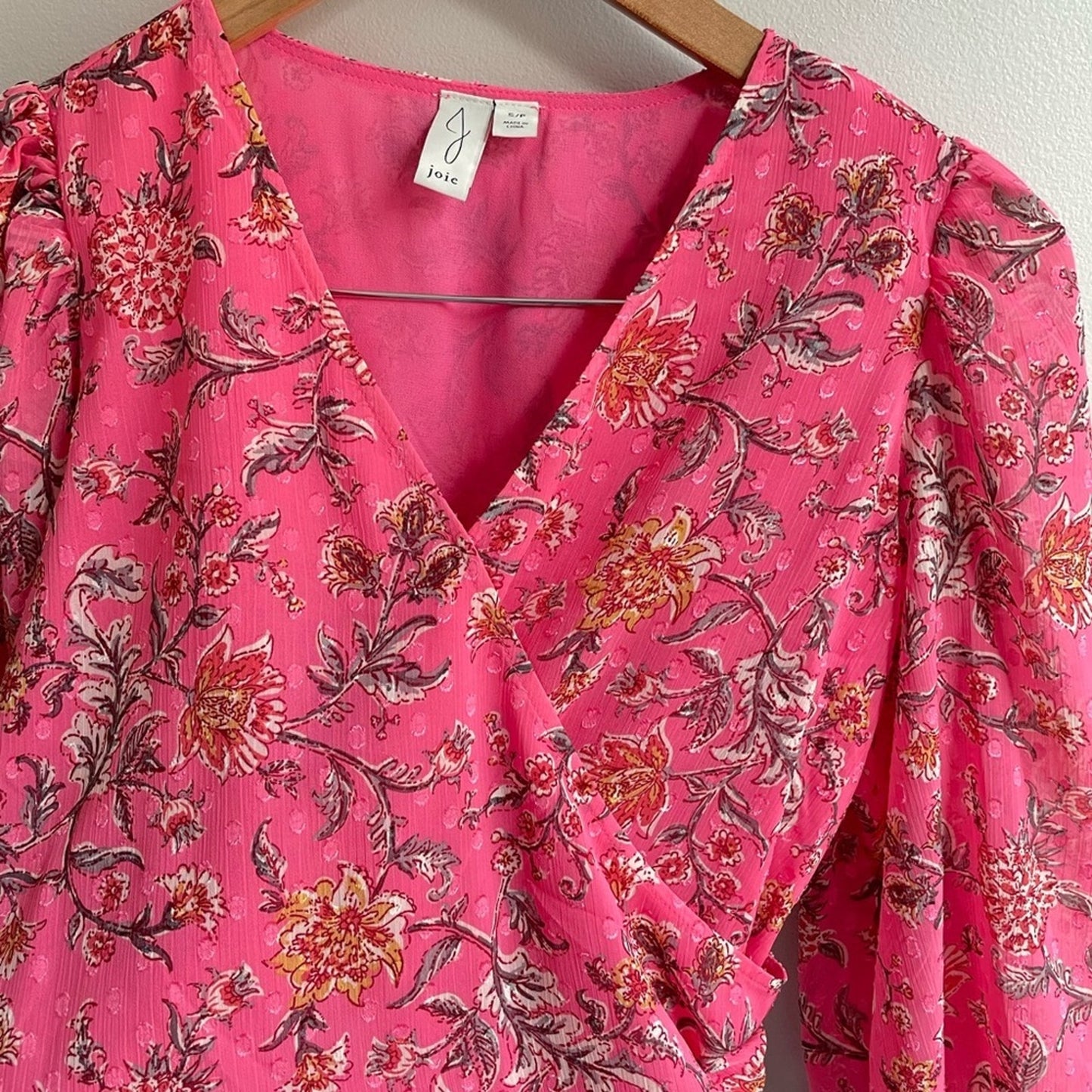 Joie Surplice Front Balloon Sleeve Blouse Top - Pink Floral