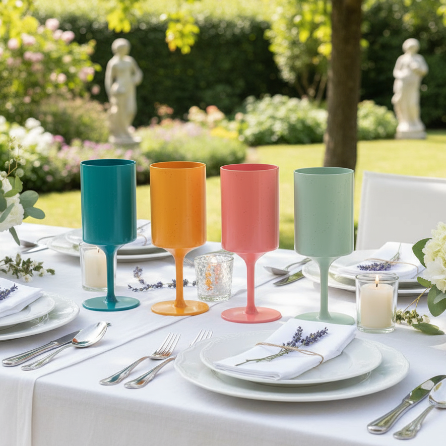 Colorful glassware on a table set outdoors with flowers and statues in the background
