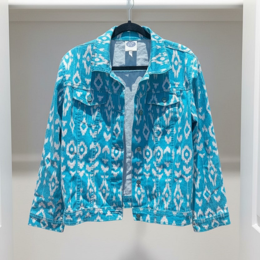 DG2 by Diane Gilman Patterned Denim Jacket – Turquoise/White – Size L
